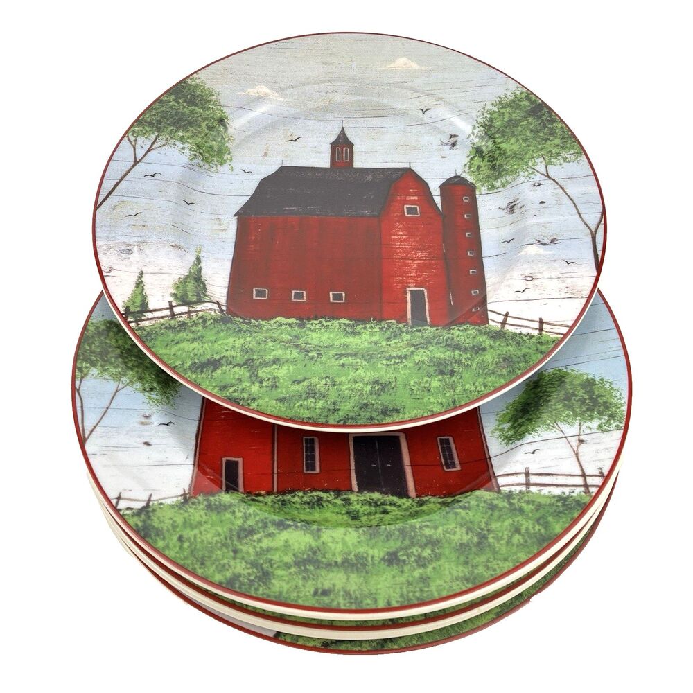 Vintage 1998 Warren Kimble by Sakura, NY 'Barns' Set Of 4 Ceramic Plates